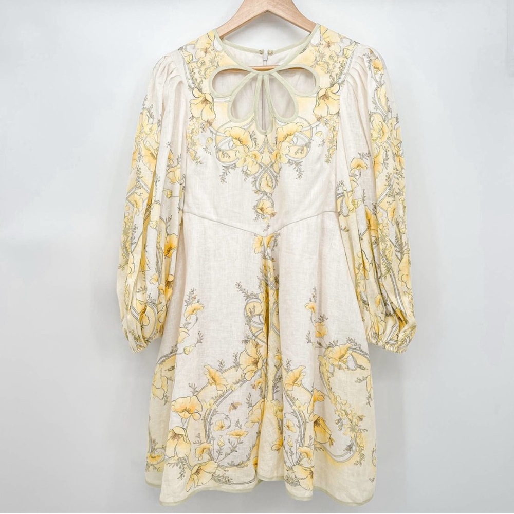 Zimmermann Dress Jeannie Keyhole Linen Mini Dress Cut Outs Yellow Floral US 8